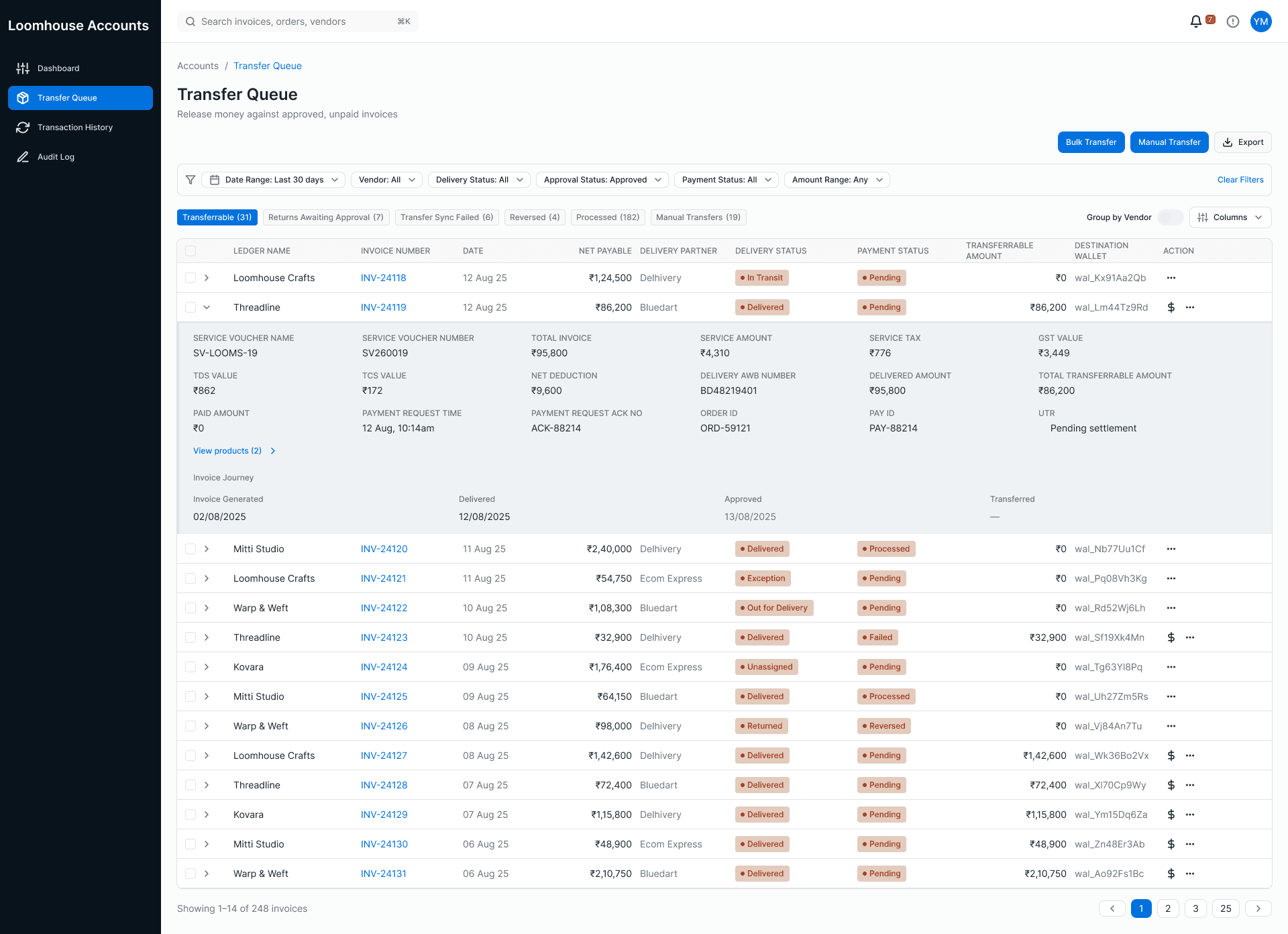 Accounts console — transfer queue