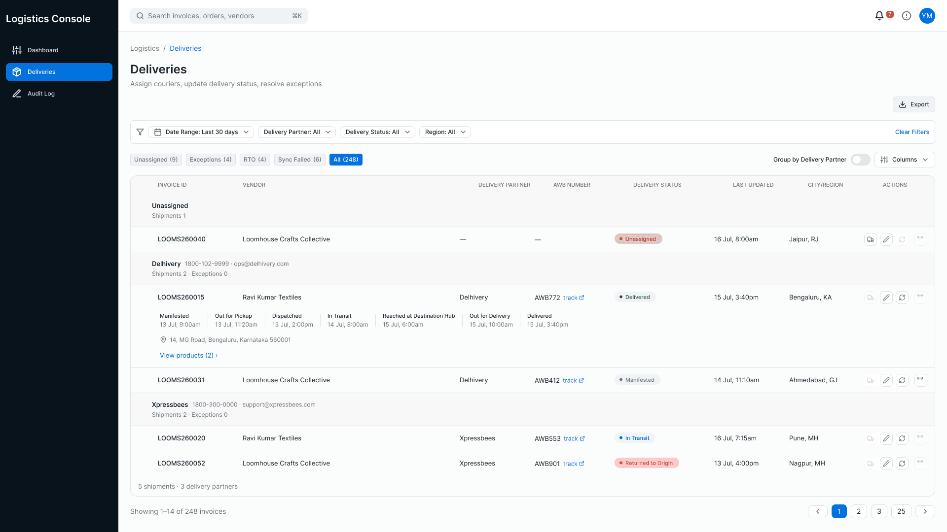 Logistics console — deliveries
