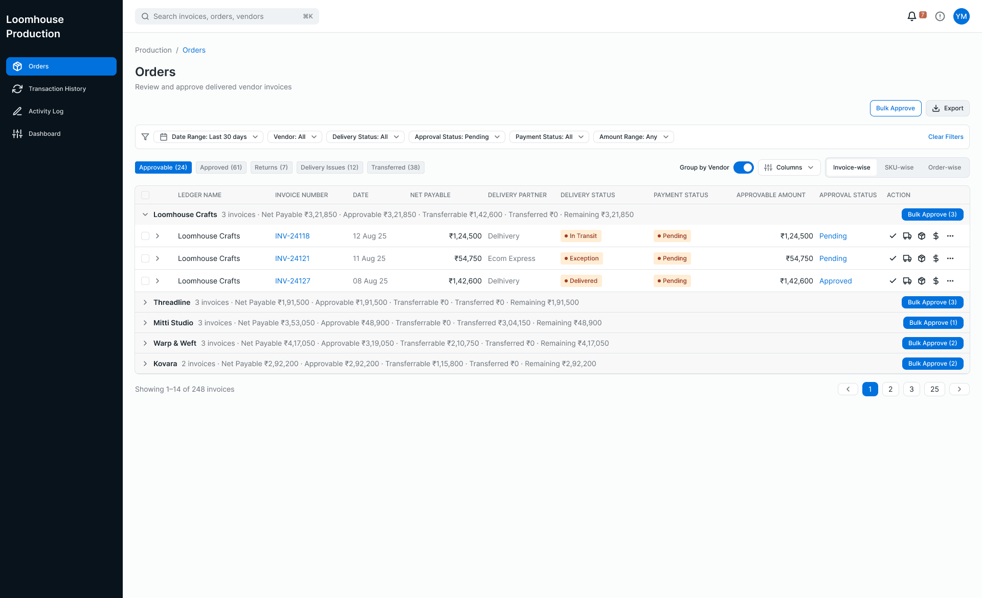 Marketplace console — orders grouped by vendor
